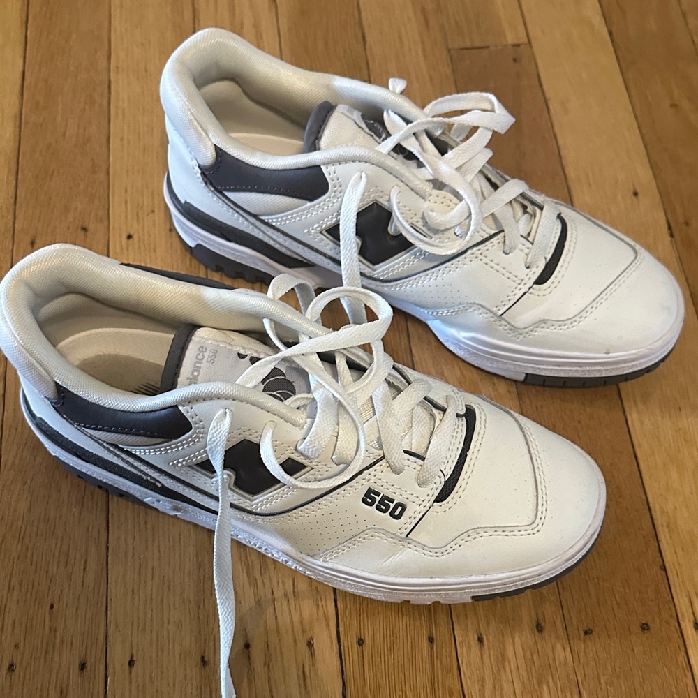 New Balance White and Navy Blue 550 Sneakers